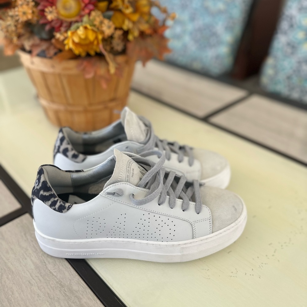 Women’s P448 White and Gray Low-Top Sneakers with Leopard Heel